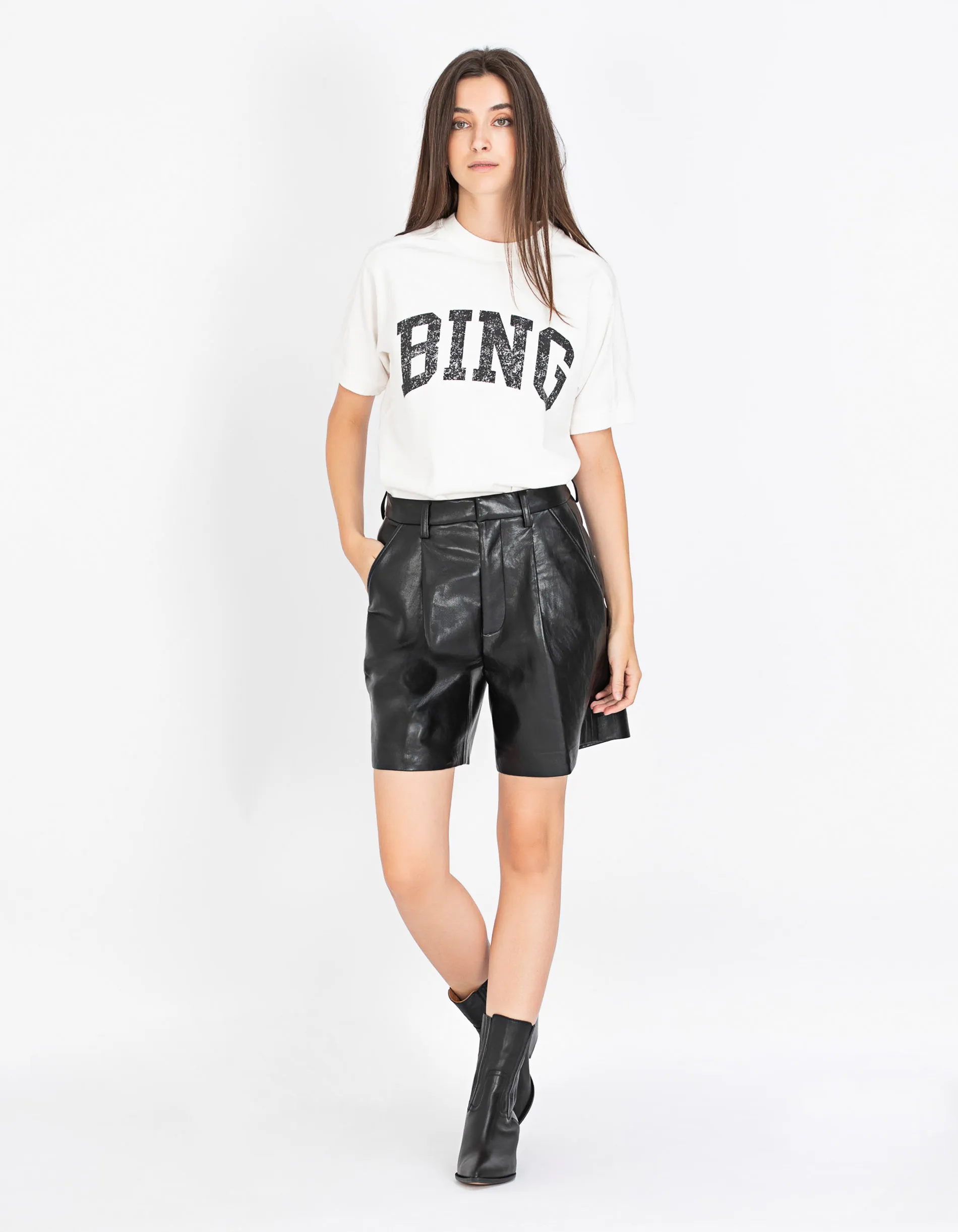 ANINE BING Carmen Black // High-Waist Leder-Mix Shorts