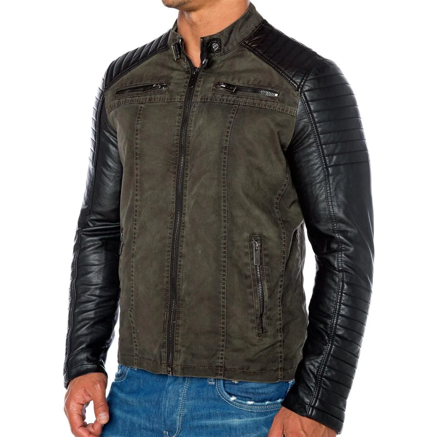 Biker Jacke Kunst- Lederjacke Jacket 2in1 Look Khaki