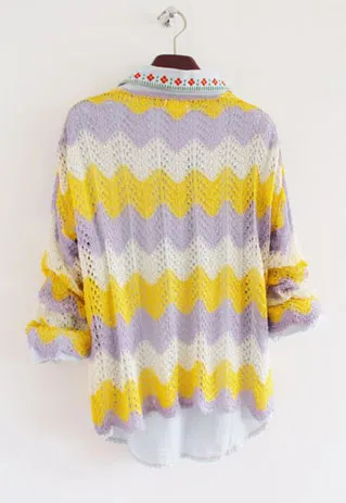 European Style Mixing Color Wavy Stripe Open Knit Jumper