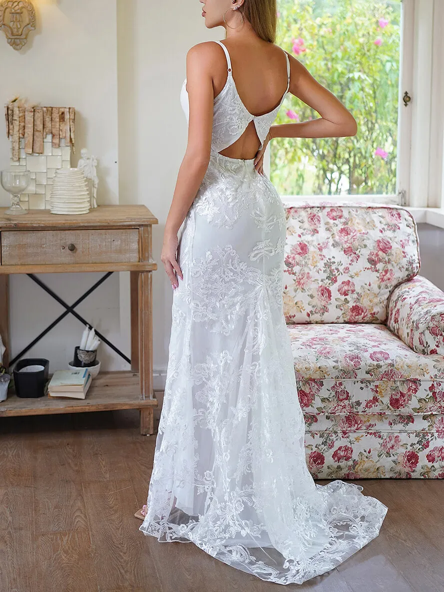 langes, rückenfreies, ärmelloses, elegantes Abendkleid im Meerjungfrau-Stil mit V-Ausschnitt für eine Landhochzeit