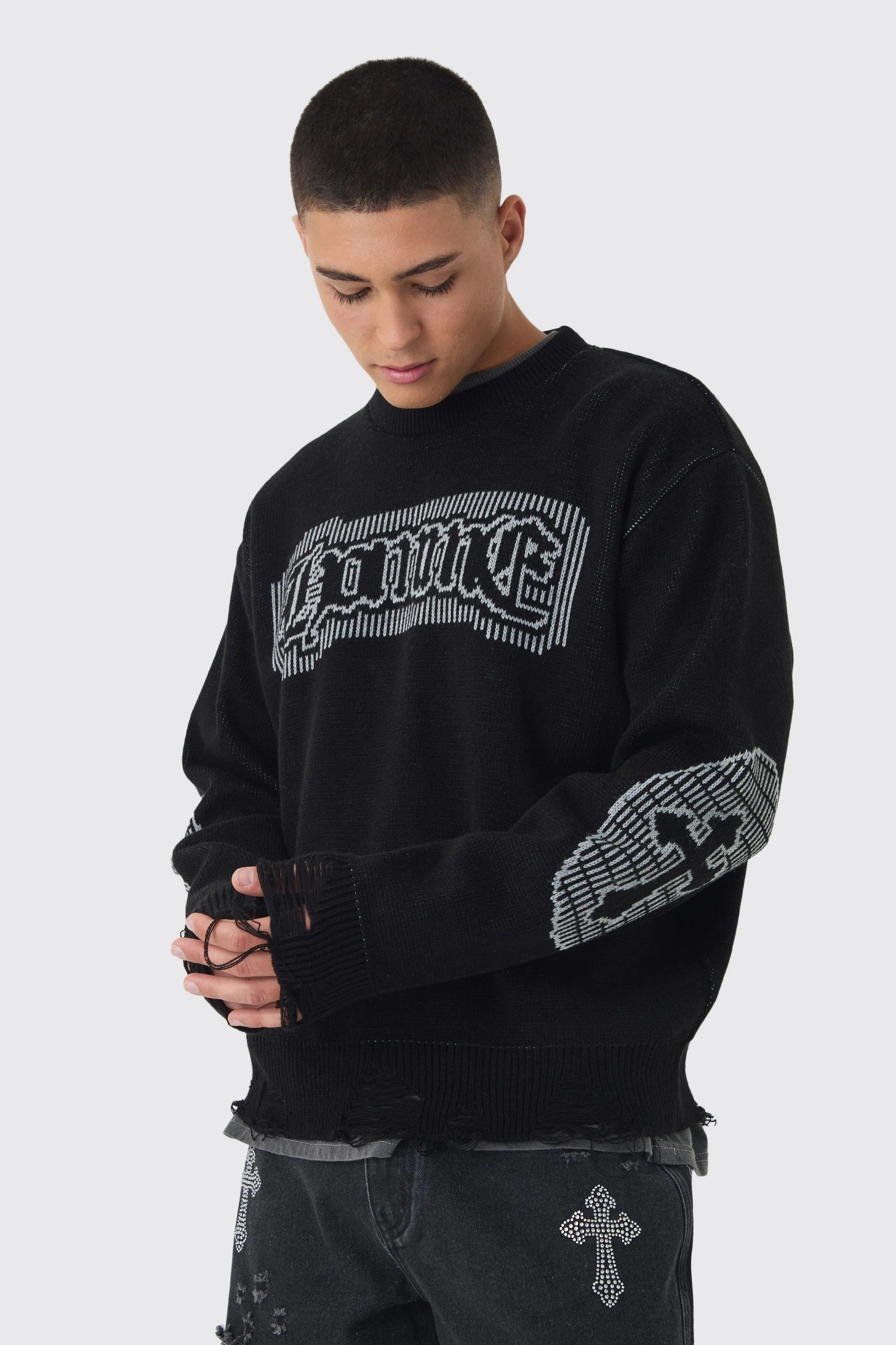 Oversized Crew Neck Homme Distressed Cross Knitted Jumper