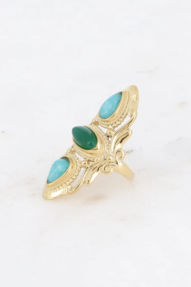 Ring - Siegelring, 3 Natursteine ​​und Blumenmotive